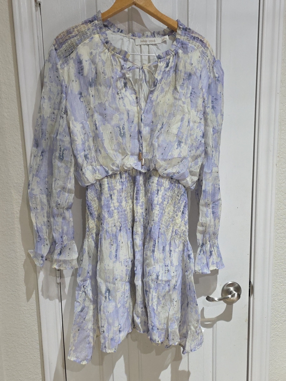 Bishopyoung Light Purple and Cream Smocked Waist Long Sleeve Dress Size L